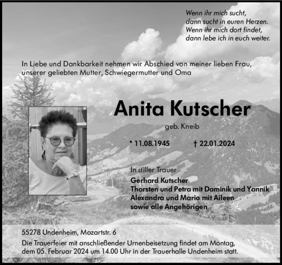 Traueranzeige von Anita Kutscher von Allgemeine Zeitung Mainz