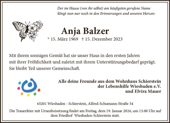 Traueranzeige von Anja Balzer von Wiesbadener Kurier