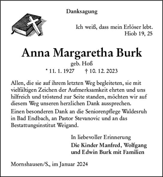 Traueranzeige von Anna Margaretha Burk von Hinterländer Anzeiger