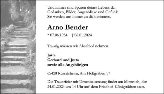 Traueranzeige von Arno Bender von Rüsselsheimer Echo