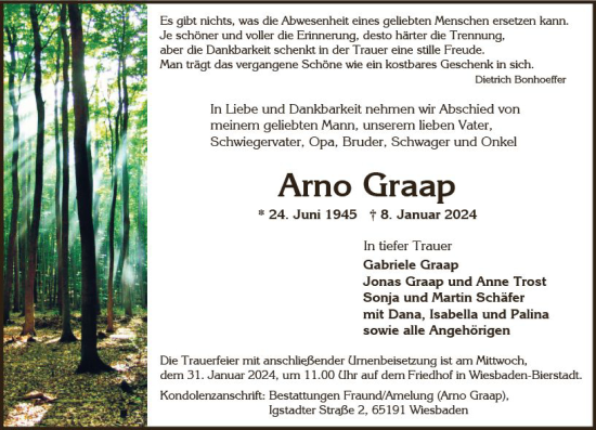 Traueranzeige von Arno Graap von Wiesbadener Kurier