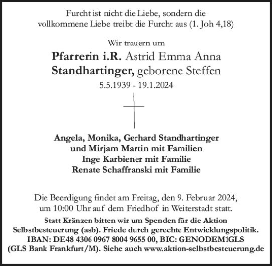 Traueranzeige von Astrid Emma Anna Standhartinger von Darmstädter Echo