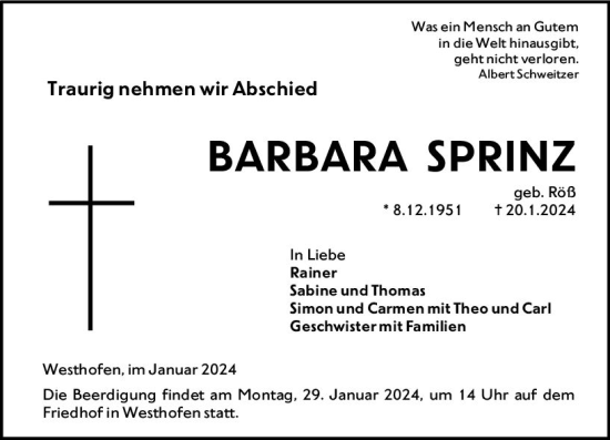 Traueranzeige von Barbara Sprinz von Wormser Zeitung