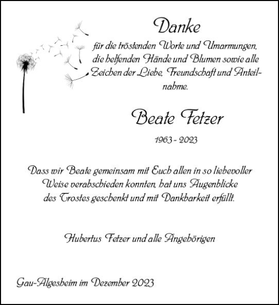 Traueranzeige von Beate Fetzer von Allgemeine Zeitung Bingen/Ingelheim