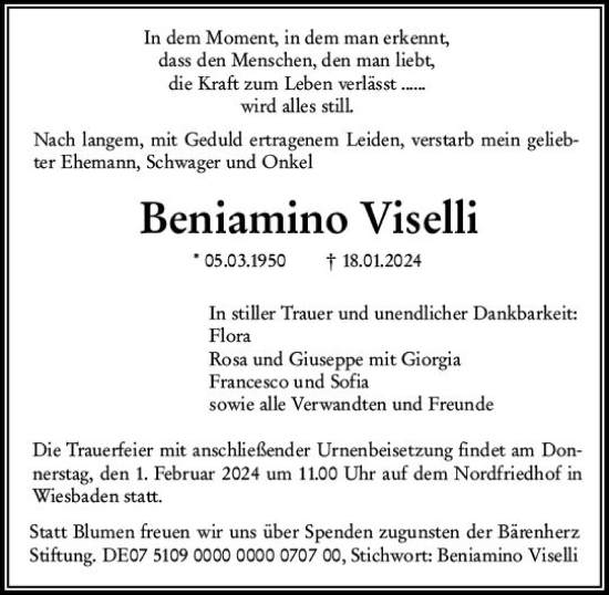 Traueranzeige von Beniamino Viselli von Wiesbadener Kurier