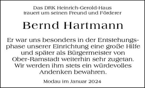 Traueranzeige von Bernd Hartmann von Darmstädter Echo