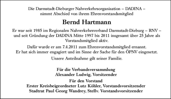 Traueranzeige von Bernd Hartmann von Darmstädter Echo