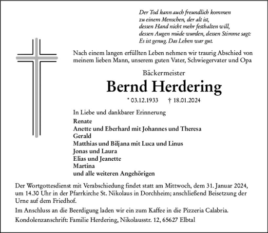 Traueranzeige von Bernd Herdering von Nassauische Neue Presse