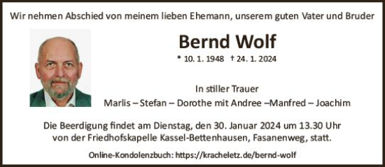 Traueranzeige von Bernd Wolf von Wetzlarer Neue Zeitung