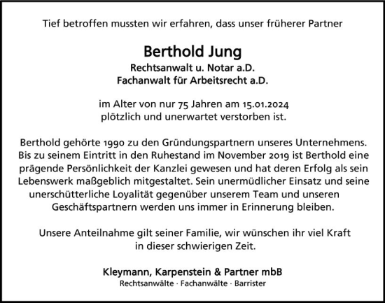 Traueranzeige von Berthold Jung von Wetzlarer Neue Zeitung