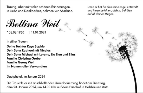 Traueranzeige von Bettina Weil von Hinterländer Anzeiger