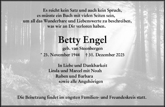Traueranzeige von Betty Engel von Wetzlarer Neue Zeitung