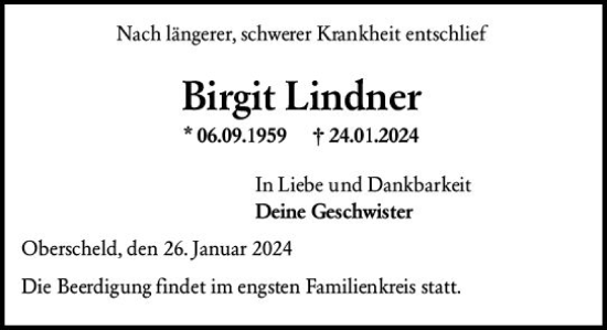 Traueranzeige von Birgit Lindner von Dill Block