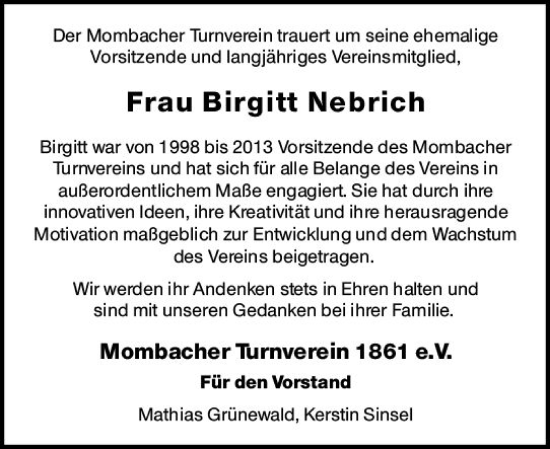 Traueranzeige von Birgitt Nebrich von Allgemeine Zeitung Mainz
