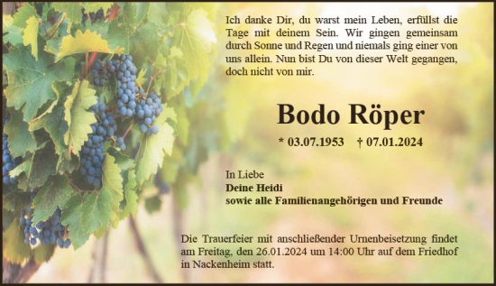 Traueranzeige von Bodo Röper von Allgemeine Zeitung Mainz