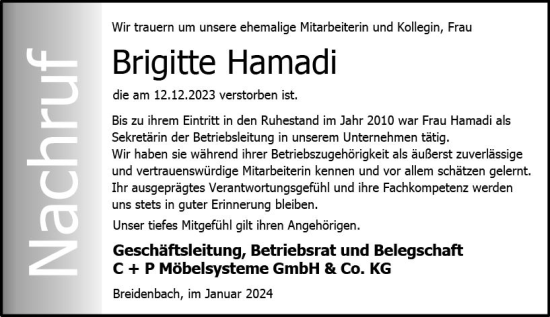Traueranzeige von Brigitte Hamadi von Hinterländer Anzeiger