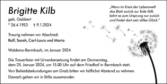 Traueranzeige von Brigitte Kilb von Idsteiner Land/Untertaunus