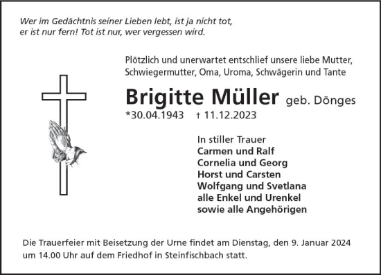 Traueranzeige von Brigitte Müller von Camberger Anzeiger