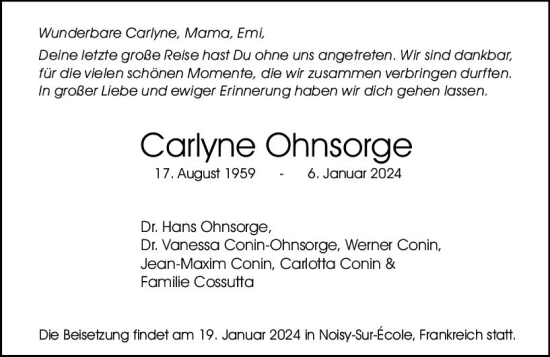 Traueranzeige von Carlyne Ohnsorge von Allgemeine Zeitung Mainz