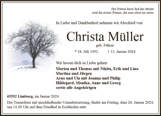 Traueranzeige von Christa Müller von Nassauische Neue Presse