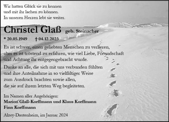 Traueranzeige von Christel Glaß von Allgemeine Zeitung Alzey