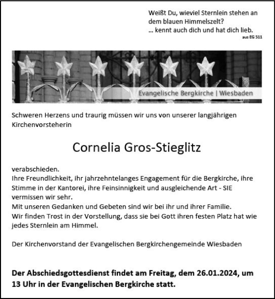 Traueranzeige von Cornelia Gros-Stieglitz von Wiesbadener Kurier