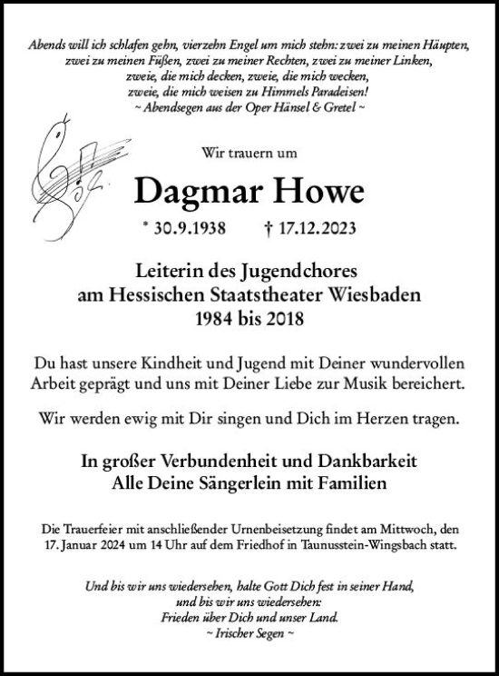 Traueranzeige von Dagmar Howe von Wiesbadener Kurier