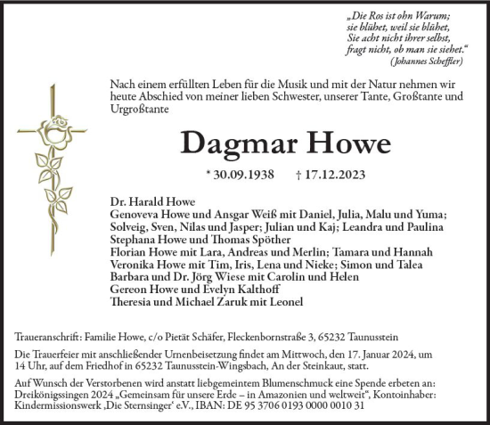 Traueranzeige von Dagmar Howe von Wiesbadener Kurier