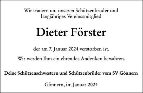 Traueranzeige von Dieter Förster von Hinterländer Anzeiger