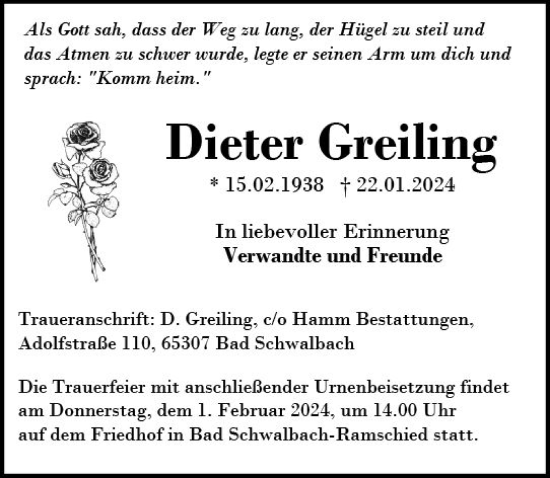 Traueranzeige von Dieter Greiling von Wiesbadener Kurier