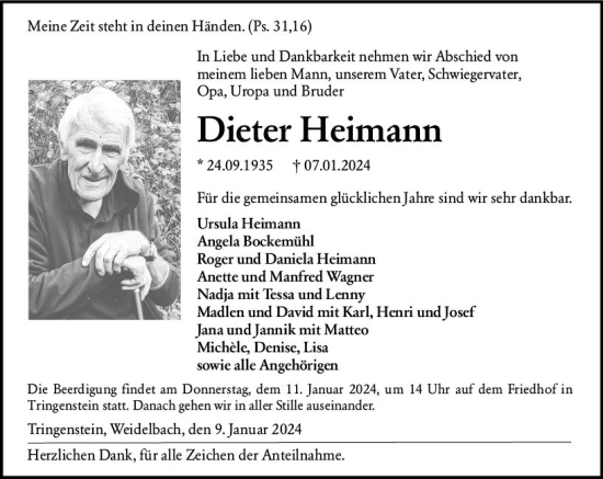 Traueranzeige von Dieter Heimann von Dill Block