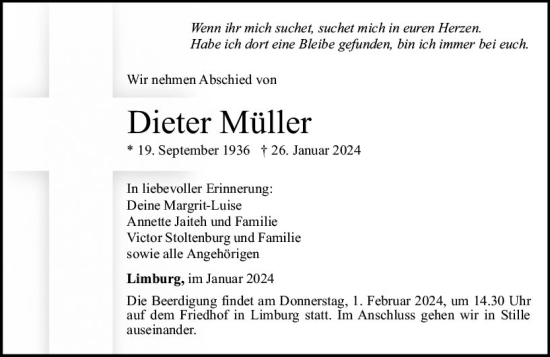 Traueranzeige von Dieter Müller von Nassauische Neue Presse