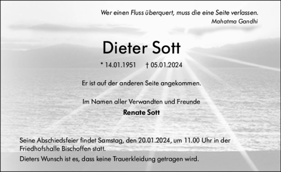 Traueranzeige von Dieter Sott von Dill Block