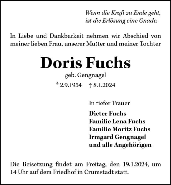 Traueranzeige von Doris Fuchs von Rüsselsheimer Echo