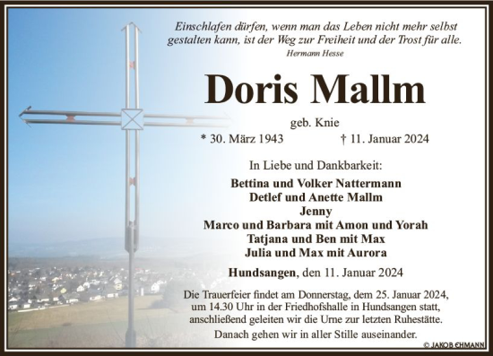 Traueranzeige von Doris Mallm von Nassauische Neue Presse