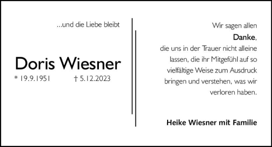 Traueranzeige von Doris Wiesner von Allgemeine Zeitung Mainz