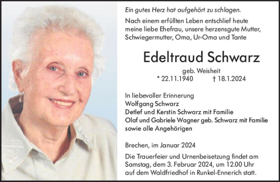 Traueranzeige von Edeltraud Schwarz von Camberger Anzeiger