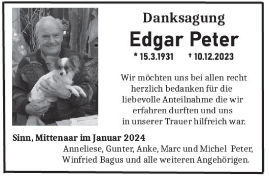 Traueranzeige von Edgar Peter von Dill Block