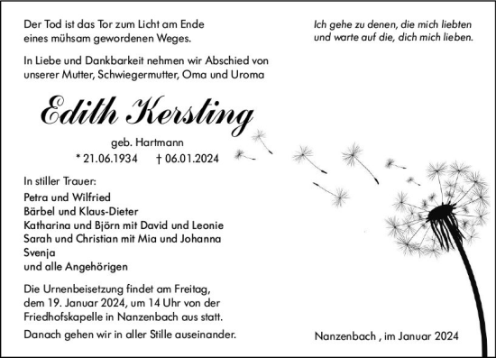 Traueranzeige von Edith Kersting von Dill Block