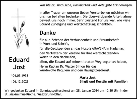 Traueranzeige von Eduard Jost von Nassauische Neue Presse