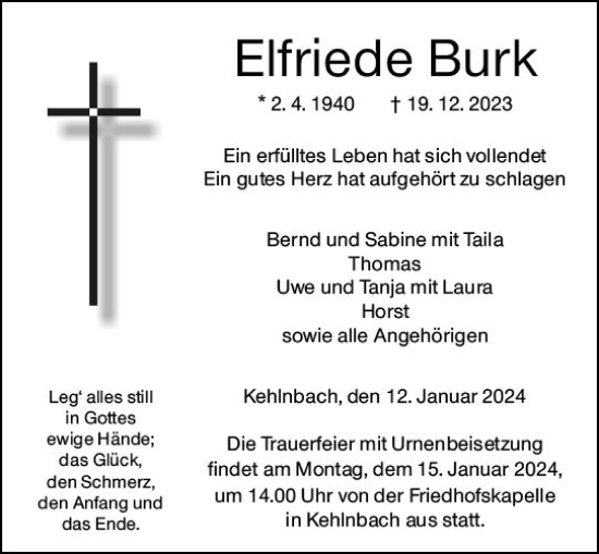 Traueranzeige von Elfriede Burk von Hinterländer Anzeiger