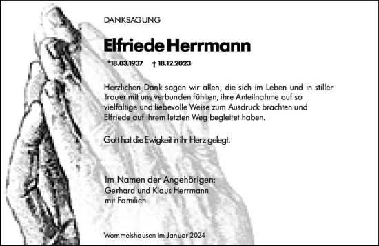 Traueranzeige von Elfriede Herrmann von Hinterländer Anzeiger
