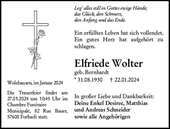 Traueranzeige von Elfriede Wolter von Hinterländer Anzeiger