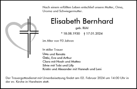 Traueranzeige von Elisabeth Bernhard von Allgemeine Zeitung Mainz
