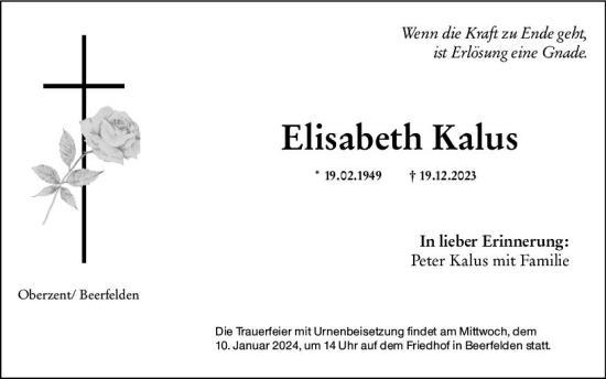Traueranzeige von Elisabeth Kalus von Odenwälder Echo