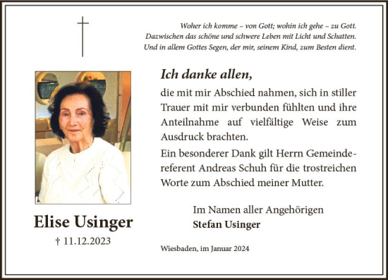Traueranzeige von Elise Usinger von Wiesbadener Kurier