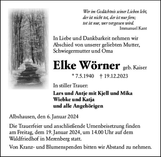 Traueranzeige von Elke Wörner von Wetzlarer Neue Zeitung