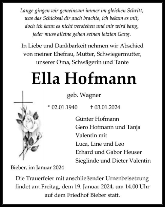 Traueranzeige von Ella Hofmann von Wetzlarer Neue Zeitung
