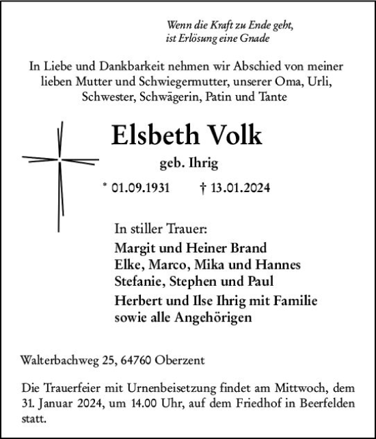 Traueranzeige von Elsbeth Volk von Odenwälder Echo