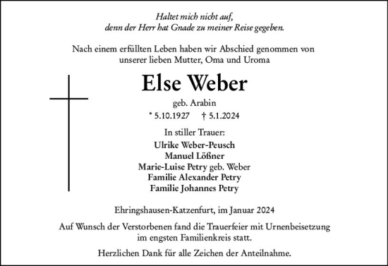 Traueranzeige von Else Weber von Wetzlarer Neue Zeitung